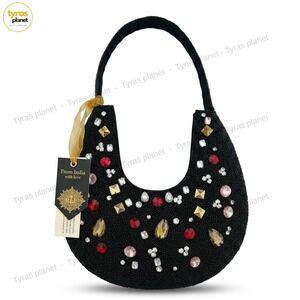 Viral Tik Tok  Black Beaded Bag With Colored Crystal Accents